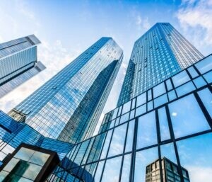 Bottom view of Deutsche Bank Twin Towers in the central business district of Frankfurt am Main, Germany.