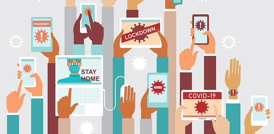 Illustration of human hands holding various smart devices with coronavirus alerts on their screens.
