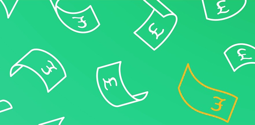 Digital image of bank notes with pound signs on on an green background.