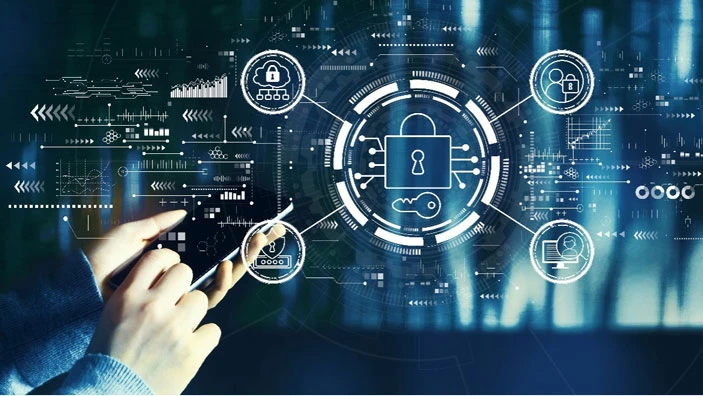 Hands holding a smartphone with digital security icons and graphics in the background.