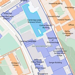 Map highlighting the locations of the Cambridge Judge Business School and Energy Policy Research Group.