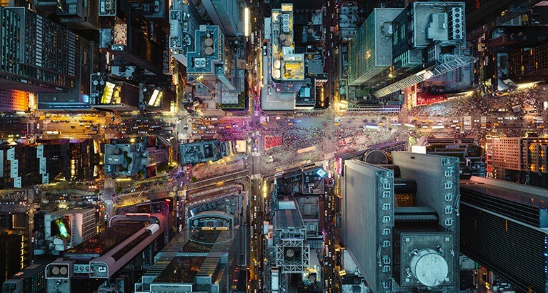 Cityscape: bird's eye view.