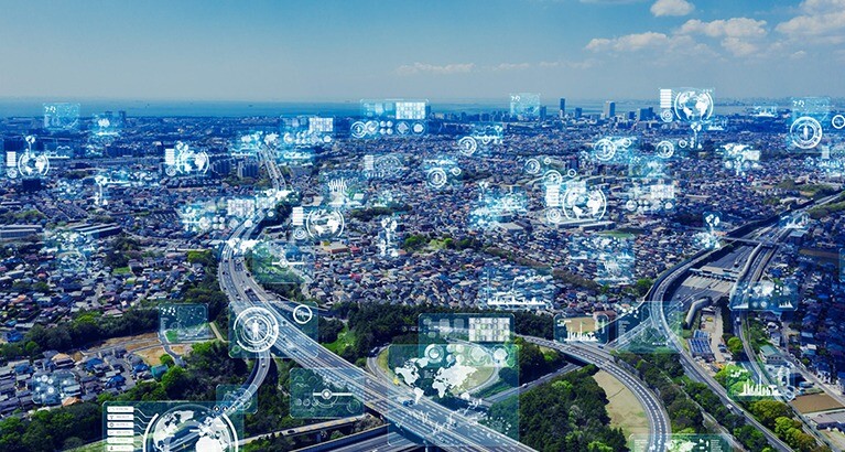 Smart city and a network.