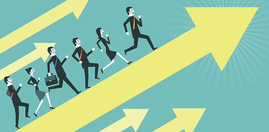 Business people run up on the arrow.