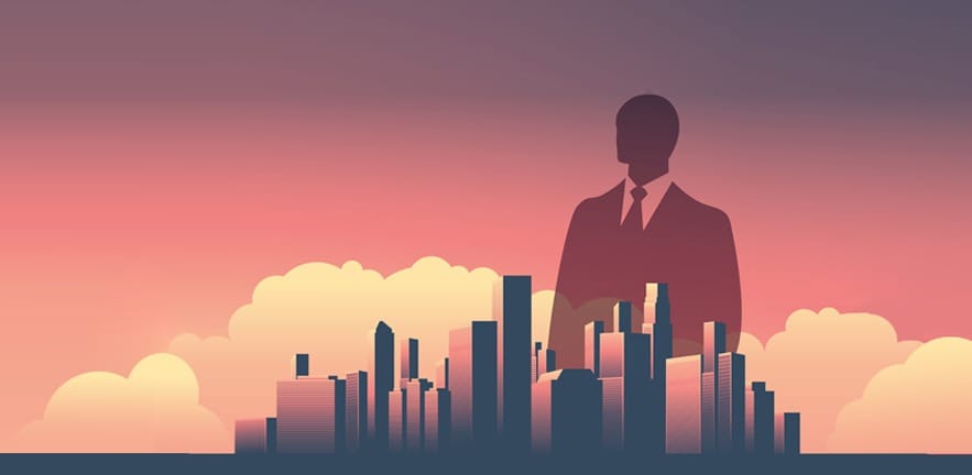 Urban skyline cityscape with businessman standing over.