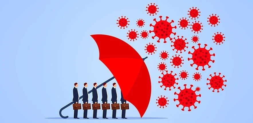 Red umbrella protecting workers from coronavirus.