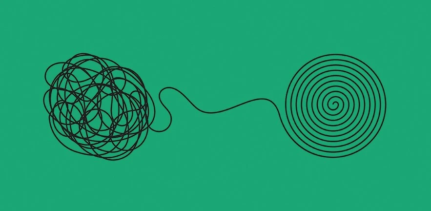 Illustration of a messy ball of string being untangled into a neat spiral.