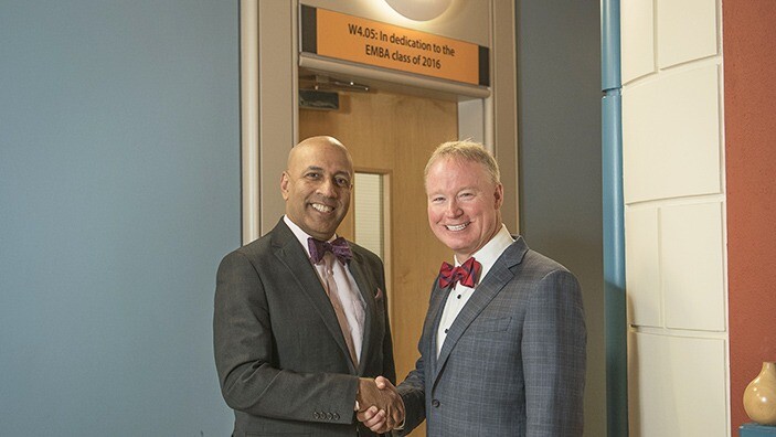 Incoming Dean Gishan Dissanaike with donor David Lenihan (EMBA 2016).
