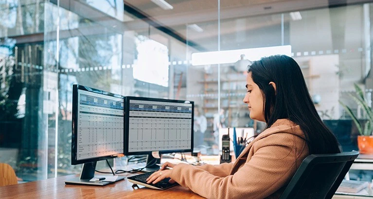 Woman reviewing data on a computer.
