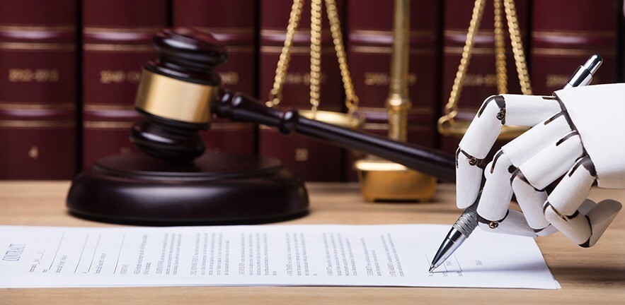 Robot signing a legal document.