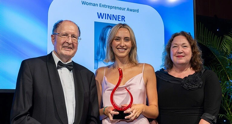 Speaker Sir Greg Winter, Elise Jenkins of Opto Biosystems and Dr Rebecca Myers of Cambridge Judge Business School.