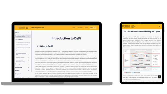 Cambridge DeFi Navigator: DeFi 101 screen.