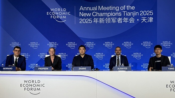 Bryan Zheng Zhang, (centre) at the report launch event as part of the Annual Meeting of New Champions, Tianjin.
