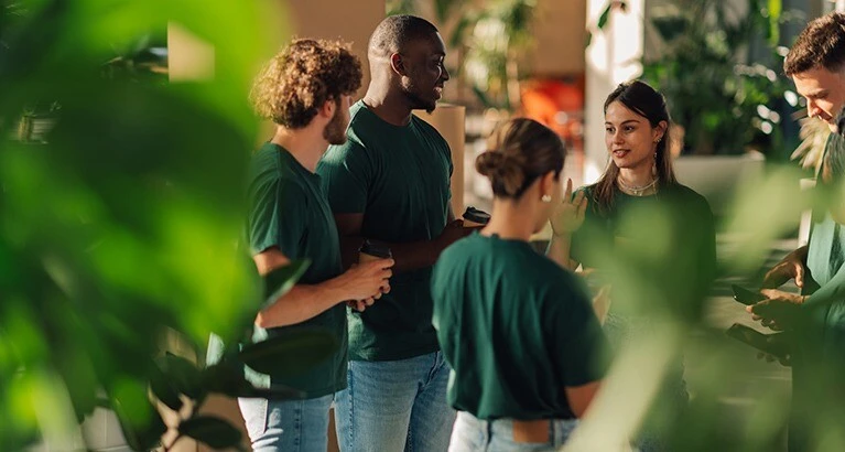 Team of workers discussing their impact towards climate goals.