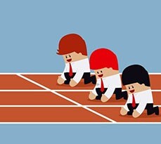 Cartoon businessmen ready to race on a track.