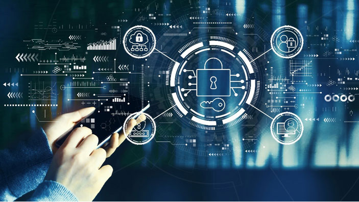 Hands holding a smartphone with digital security icons and graphics in the background.