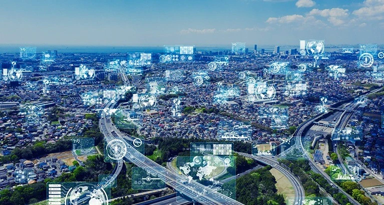 Smart city and a network.