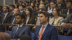 MBA class at their welcome address at Cambridge Judge Business School.