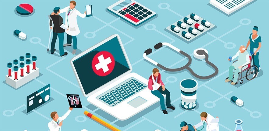 Treatment, clinic assistance on medicine services. Patient concept and clinic diagnosis. Patient assistance with healthcare technology. Infographics, banner.