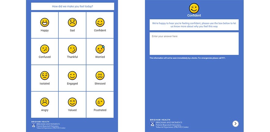 Screenshot of the survey: 12 emoticons showing a range of emotions, followed by a screen reading "We're happy to hear you're feelign confident, please tell us more about why you feel this way".