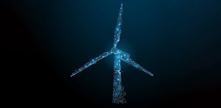 Cover image from 2nd Global Alternative Finance Benchmarking Study depicting a wind turbine made of network links, shining bright on a dark background.