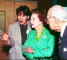 The Thatchers being given a tour of the School by its former director, Professor Dame Sandra Dawson