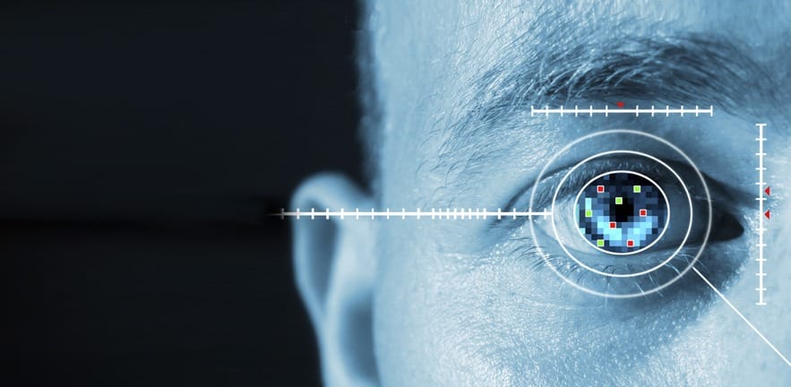 iris scan for security or identification. Eye with scanner and computer interface
