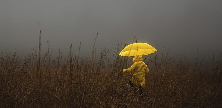 Person in yellow rain mac and yellow umbrella skipping through a field in the rain.