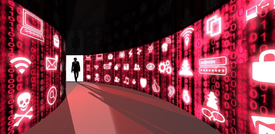 A silhouette of a hacker with a black hat in a suit enters a hallway with walls textured with red digital glowing security threat icons 3D illustration cybersecurity concept