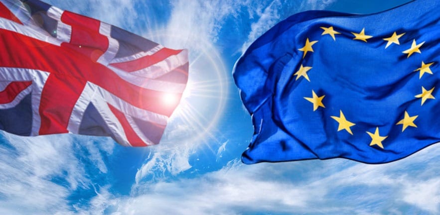 European Union and British Union flag flying