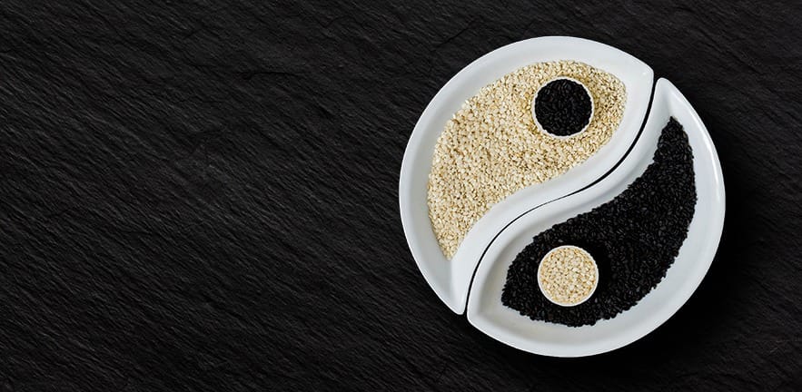 Oriental cuisine ingredients - black and white sesame seeds in the form of Yin Yang symbol