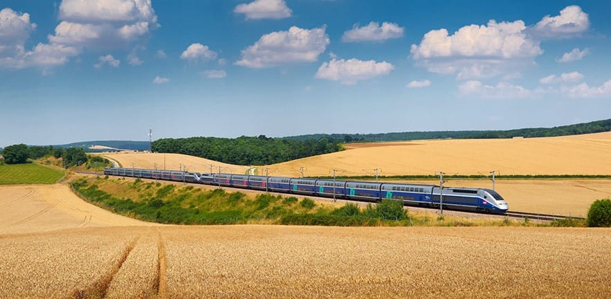 Sens, France: a TGV passing through wheat fields