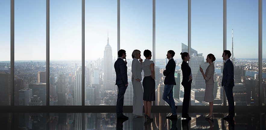 Meeting in a glass hall.