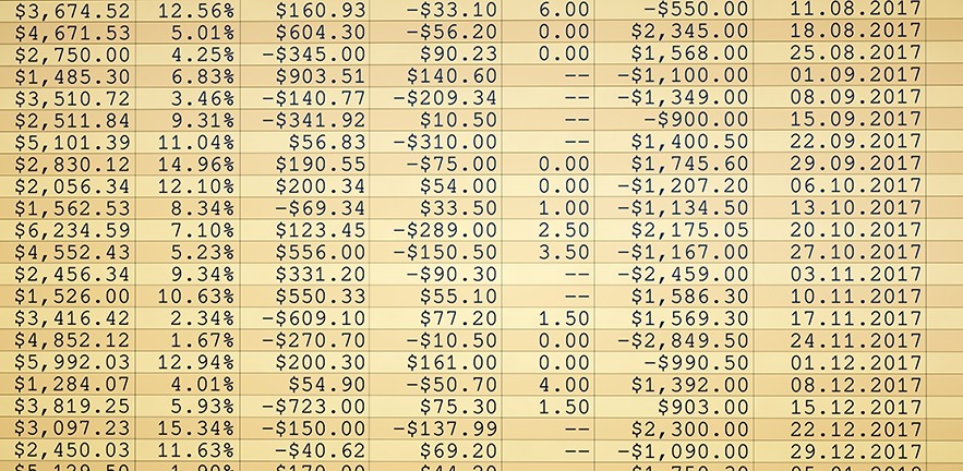 A front view on a plain simple financial spreadsheet expressed in US dollars.