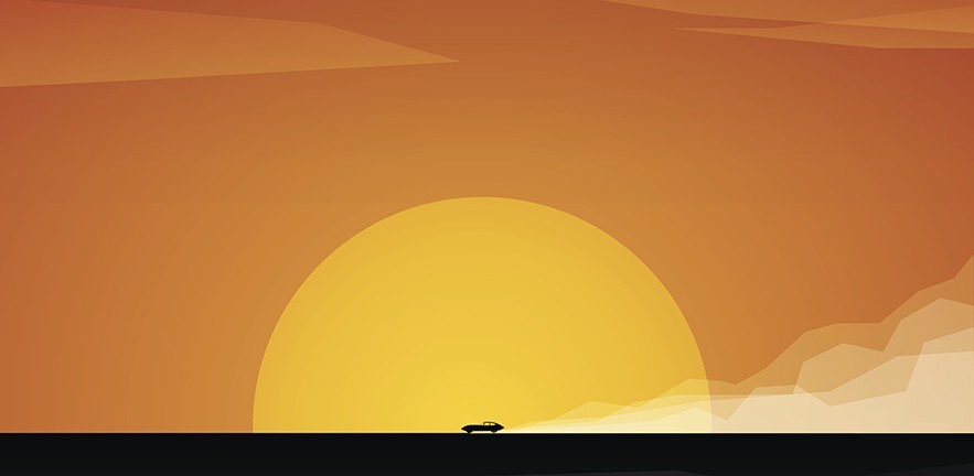 Fast car driving on dusty road with sunset in background. Bright orange sun and sky against black landscape.