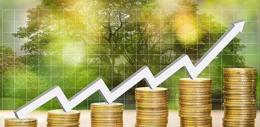 Double exposure of financial graph chart and rows of coins with white arrow indicates economic upturn and graph and blurred natural background, concept of natural economy and finance