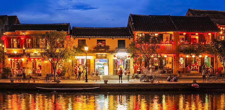 Evening view of Old Town in Hoi An city, Vietnam. Hoi An is situated on the east coast of Vietnam. Its old town is a UNESCO World Heritage Site because of its historical buildings.