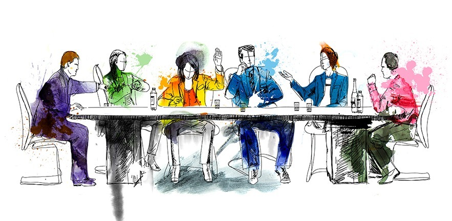 Silhouettes of successful business people working on meeting. Sketch with colourful water colour effects