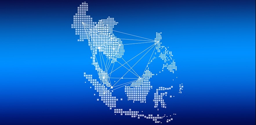 ASEAN Map and network on blue background