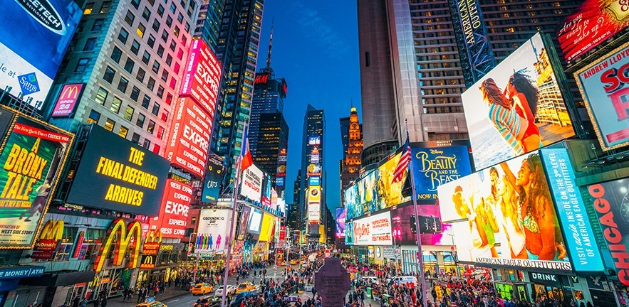 Times Square with global brands on billboards