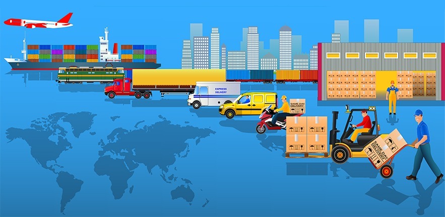 Global logistics network. Flat vector illustration. Air cargo trucking, rail transportation, maritime shipping, warehouse, freight, free delivery, delivery man, container ship, city skyline. On-time delivery. Vehicles designed to carry large numbers cargo.