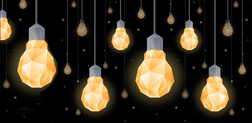 Polygonal light bulbs hanging from the ceiling. Lighting decor with low poly lamps for banner background.