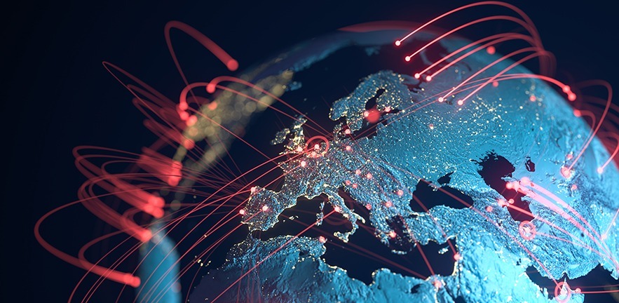 High quality 3D rendered image, perfectly usable for topics related to big data, global networks, international flight routes or the spread of a pandemic.