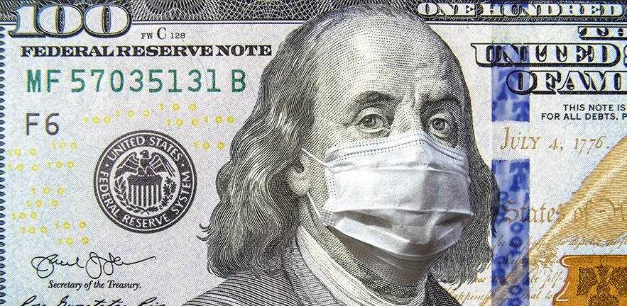 100-dollar bill revised so Benjamin Franklin is wearing a face mask.