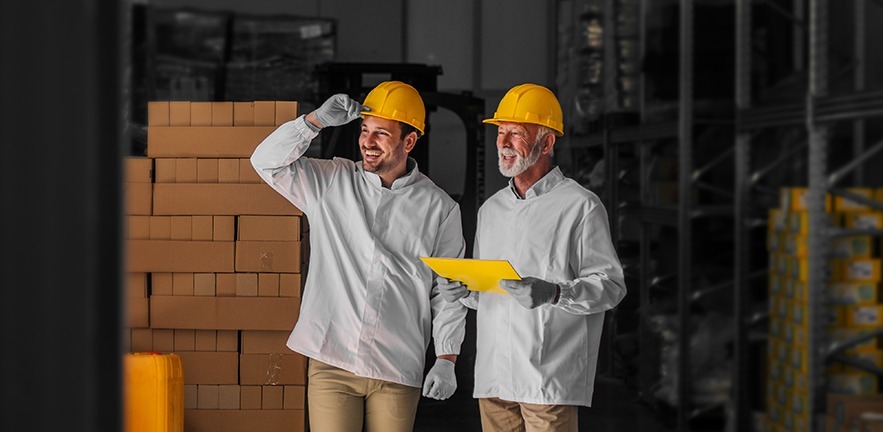Smiling father and son standing in their warehouse with hard hats on, looking at package prepared for transport.