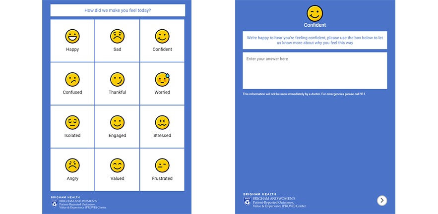 Screenshot of the survey: 12 emoticons showing a range of emotions, followed by a screen reading "We're happy to hear you're feelign confident, please tell us more about why you feel this way".