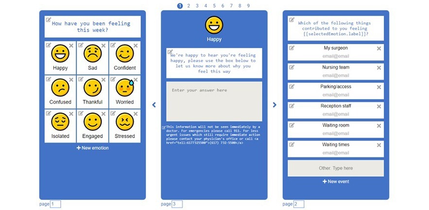 Screenshot of how to customise the survey: the healthcare department can add or remove emoticons and add or remove things that might contribute to the patient's emotion (e.g. "waiting times, surgeon, reception staff").