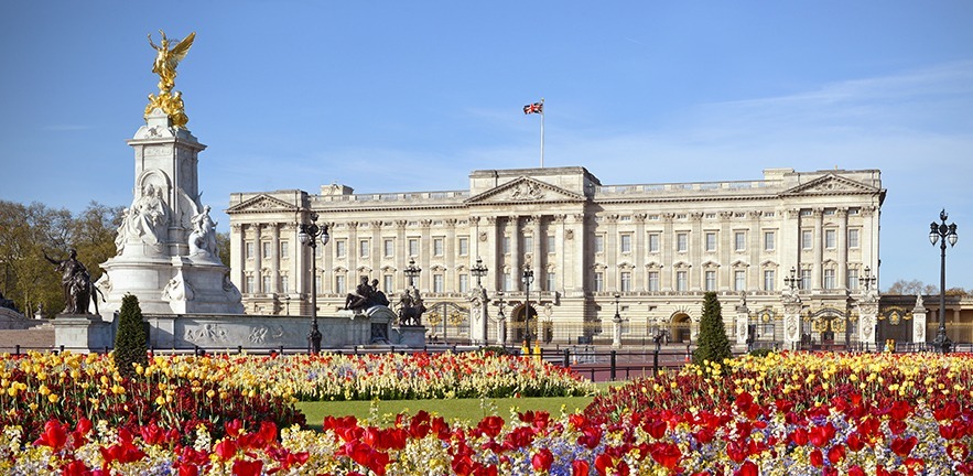 Buckingham Palace with foreground spring flower beds in full bloom.
