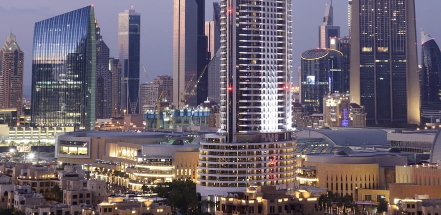 The Address Hotel and Dubai Downtown at dusk. United Arab Emirat