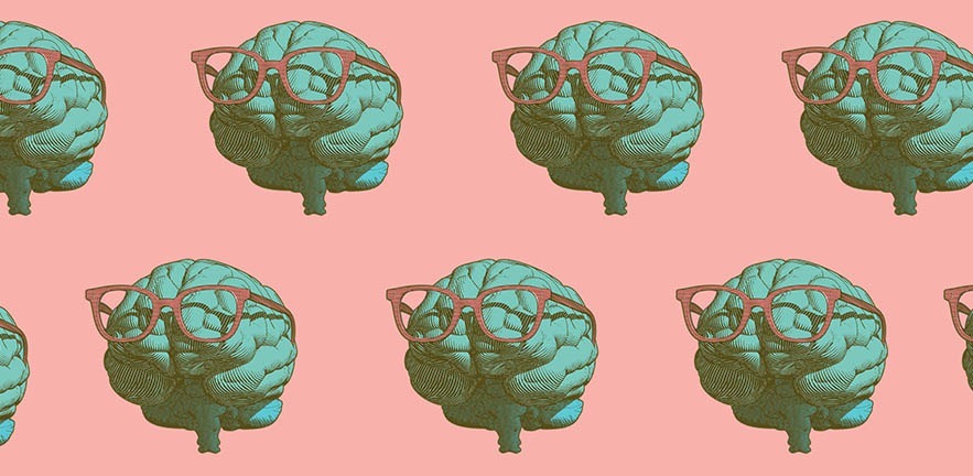 Pastel retro pop art engraving human brain with eye glasses illustration.